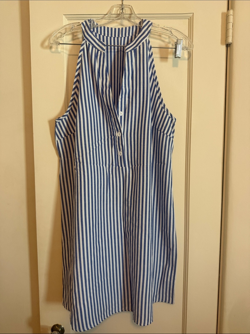 Sleeveless Blue and White Striped Halter Bathing Suit Cover Up